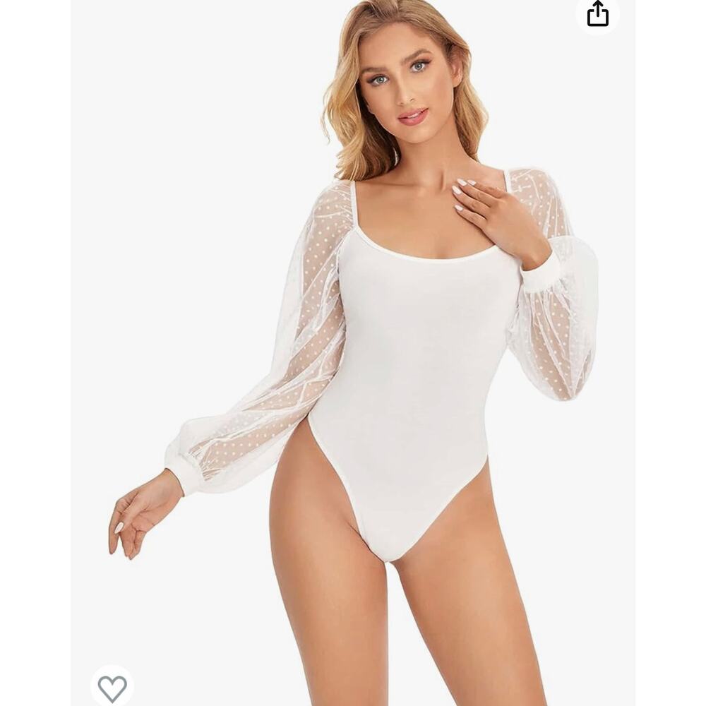 Pinkmstyles white sheer sleeve square neck bodysuit womens medium fairy ethereal